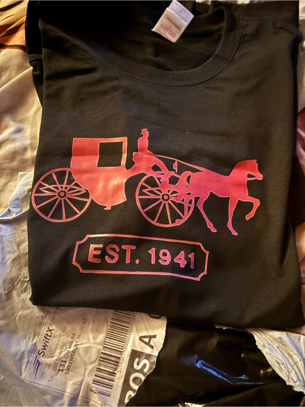 Black T-Shirt with Pink Carriage Graphic - EST. 1941 large